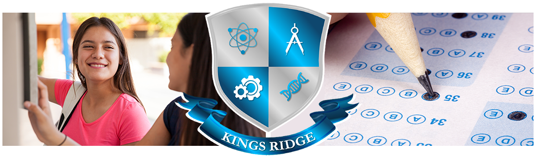 Kings Ridge logo. Student at locker and Pencil marking Scantron test