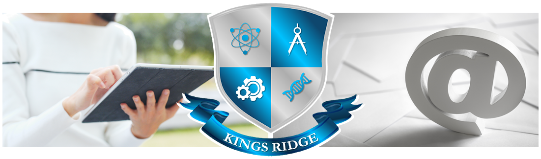 Kings Ridge logo. Woman using tablet and the At symbol