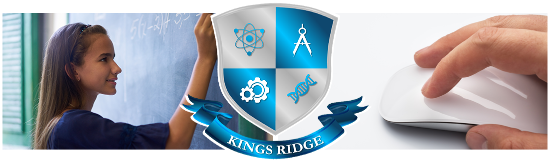 Kings Ridge logo. Student writing on chalkboard and hand on a computer mouse