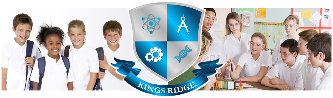 Kings Ridge logo. Classroom of students and smiling student at desk